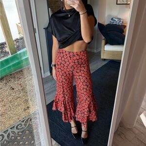 Anthropologie Red and Black Floral Flare Pants with Ruffles